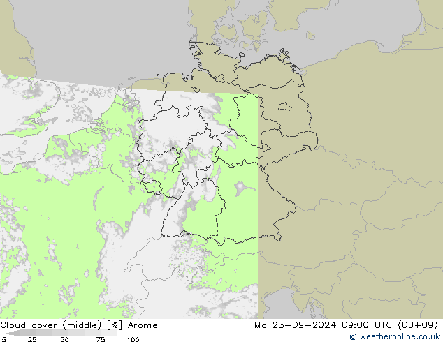 Cloud cover (middle) Arome Mo 23.09.2024 09 UTC