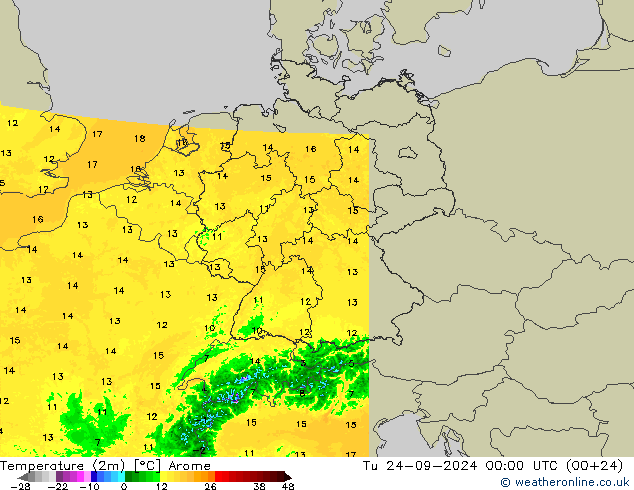 Temperatura (2m) Arome Ter 24.09.2024 00 UTC