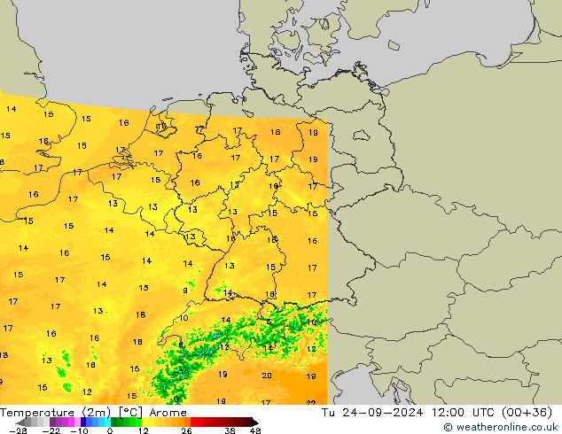 Sıcaklık Haritası (2m) Arome Sa 24.09.2024 12 UTC