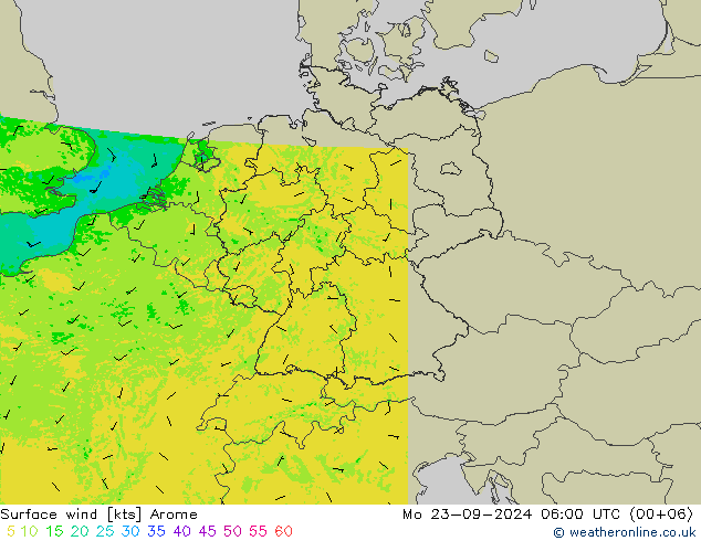 wiatr 10 m Arome pon. 23.09.2024 06 UTC