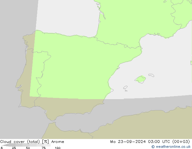 Cloud cover (total) Arome Mo 23.09.2024 03 UTC