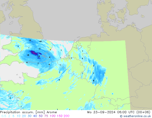 Nied. akkumuliert Arome Mo 23.09.2024 06 UTC