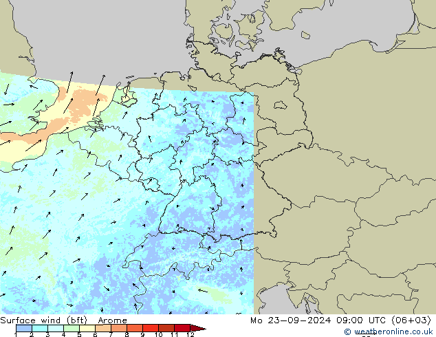 Surface wind (bft) Arome Mo 23.09.2024 09 UTC