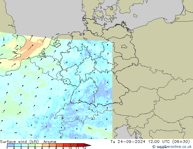 Viento 10 m (bft) Arome mar 24.09.2024 12 UTC