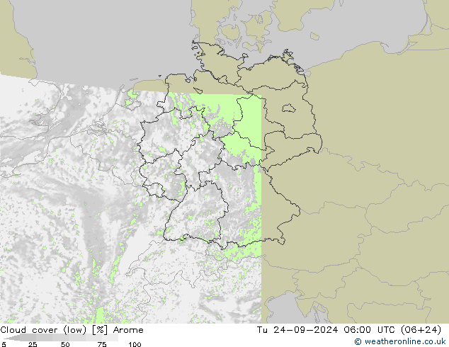 Cloud cover (low) Arome Tu 24.09.2024 06 UTC