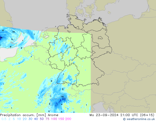 Précipitation accum. Arome lun 23.09.2024 21 UTC