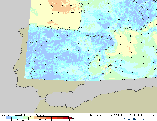 Viento 10 m (bft) Arome lun 23.09.2024 09 UTC