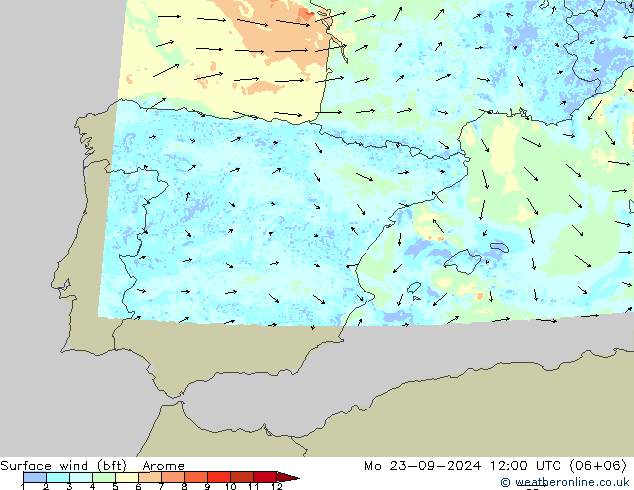 Bodenwind (bft) Arome Mo 23.09.2024 12 UTC