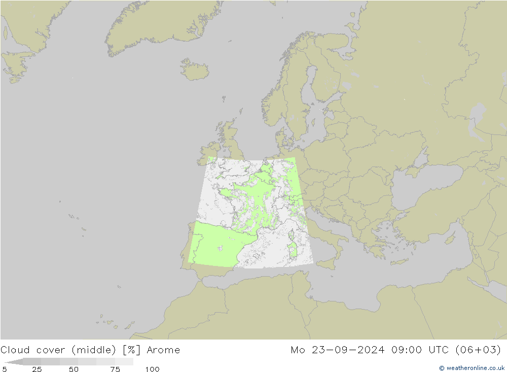 Cloud cover (middle) Arome Mo 23.09.2024 09 UTC