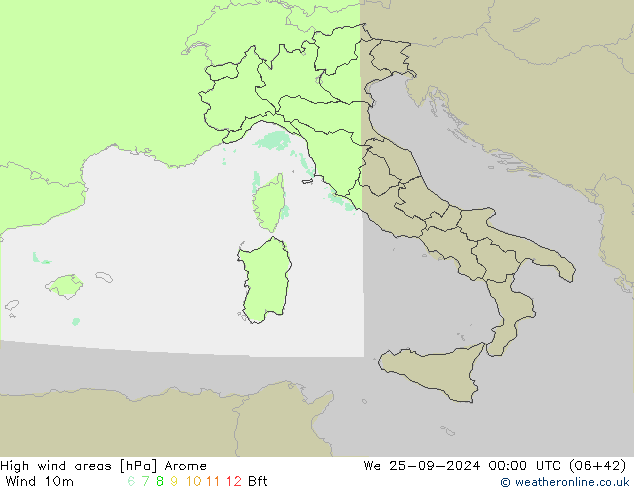 High wind areas Arome mer 25.09.2024 00 UTC