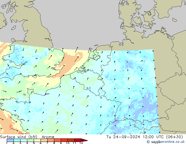 Vent 10 m (bft) Arome mar 24.09.2024 12 UTC