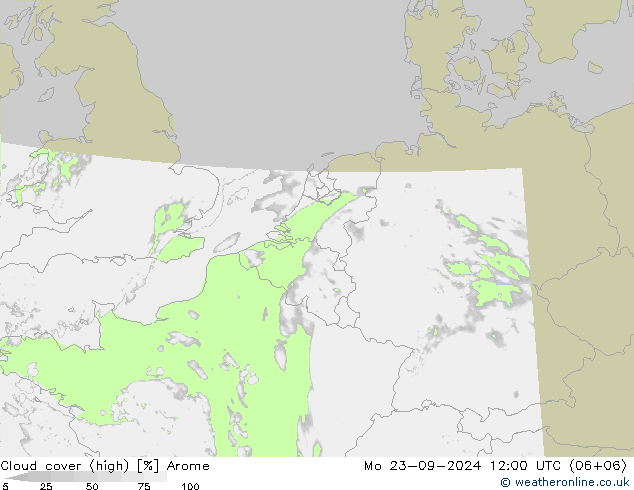 Cloud cover (high) Arome Mo 23.09.2024 12 UTC