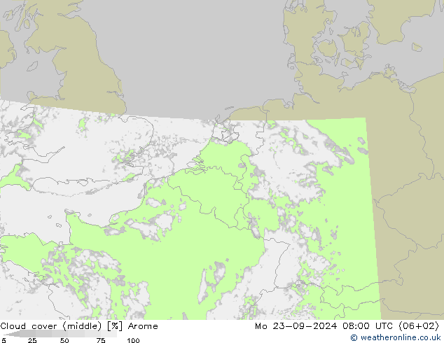 Cloud cover (middle) Arome Mo 23.09.2024 08 UTC