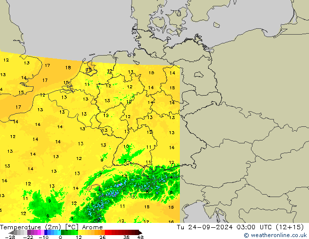 Temperatura (2m) Arome mar 24.09.2024 03 UTC