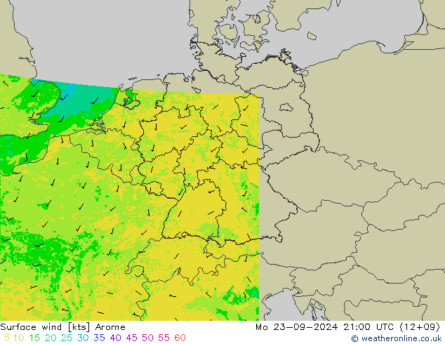 Surface wind Arome Mo 23.09.2024 21 UTC