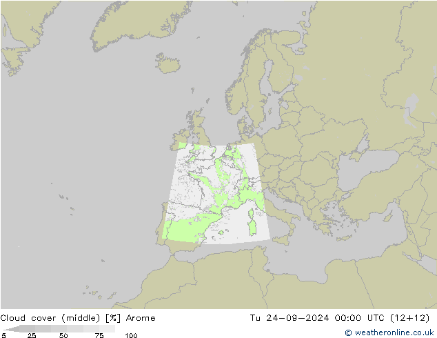 Cloud cover (middle) Arome Tu 24.09.2024 00 UTC