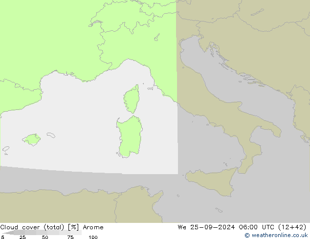 Bewolking (Totaal) Arome wo 25.09.2024 06 UTC