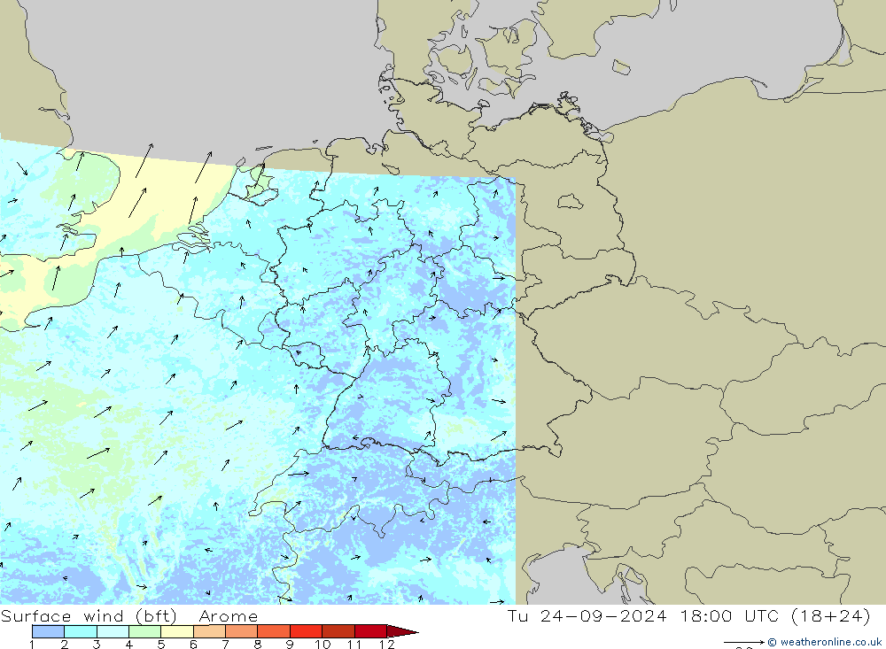 Surface wind (bft) Arome Út 24.09.2024 18 UTC