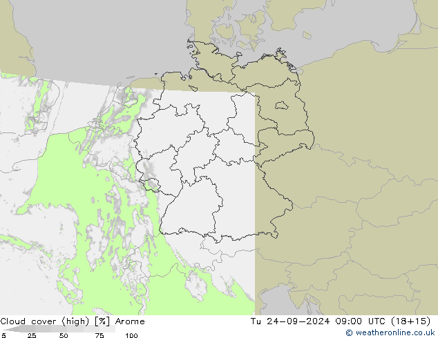 Cloud cover (high) Arome Tu 24.09.2024 09 UTC