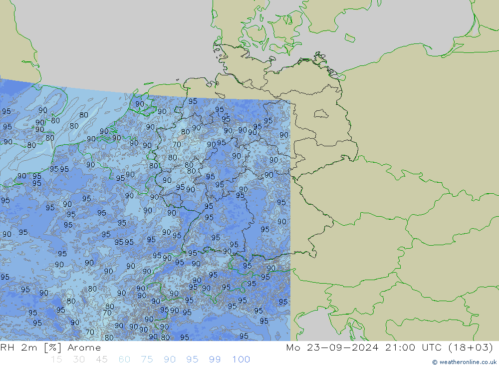 RH 2m Arome пн 23.09.2024 21 UTC