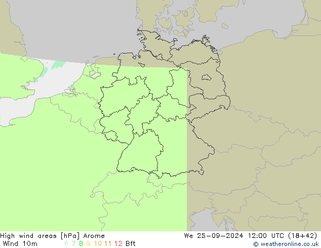 High wind areas Arome We 25.09.2024 12 UTC