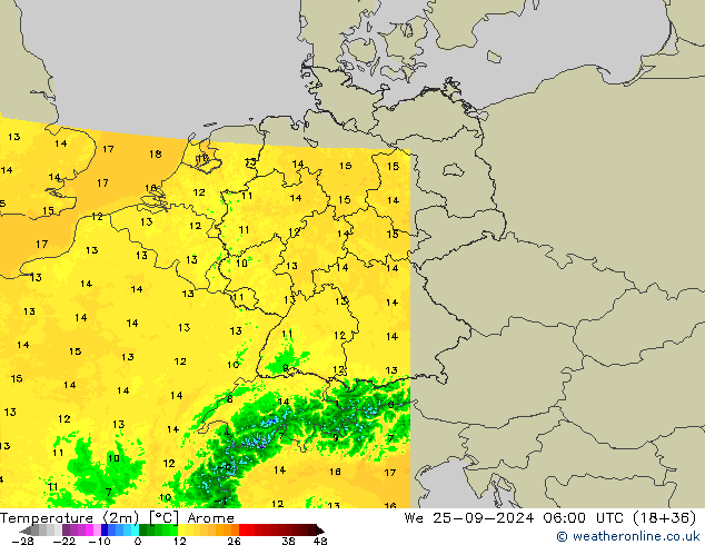 Temperatura (2m) Arome mer 25.09.2024 06 UTC