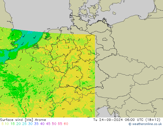 Vento 10 m Arome mar 24.09.2024 06 UTC