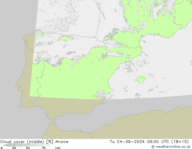 Cloud cover (middle) Arome Tu 24.09.2024 09 UTC