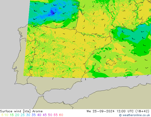 Vent 10 m Arome mer 25.09.2024 12 UTC