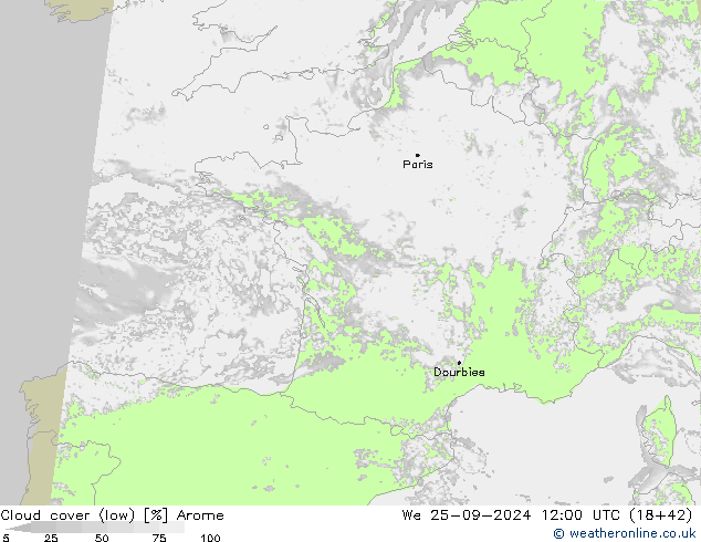 Cloud cover (low) Arome We 25.09.2024 12 UTC