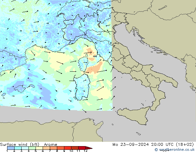 Vento 10 m (bft) Arome Seg 23.09.2024 20 UTC