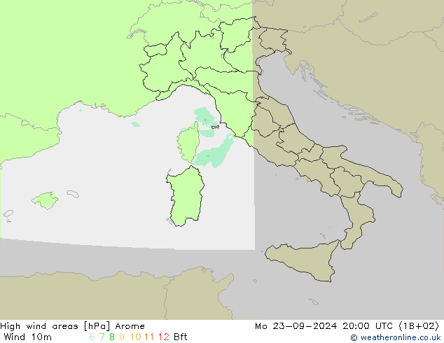 High wind areas Arome  23.09.2024 20 UTC