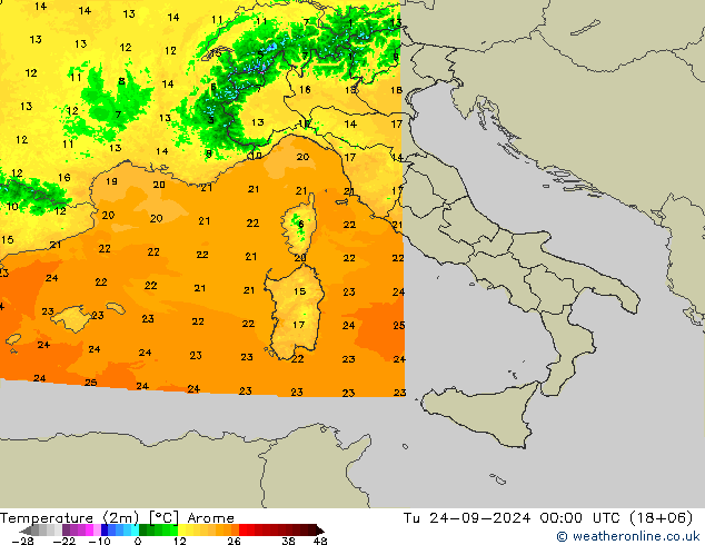 карта температуры Arome вт 24.09.2024 00 UTC