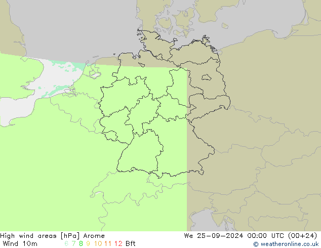 High wind areas Arome mer 25.09.2024 00 UTC