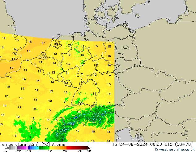 Temperature (2m) Arome Tu 24.09.2024 06 UTC