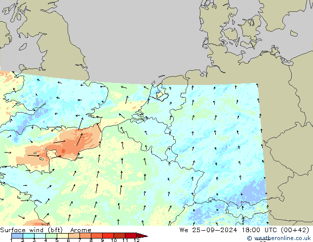 wiatr 10 m (bft) Arome śro. 25.09.2024 18 UTC