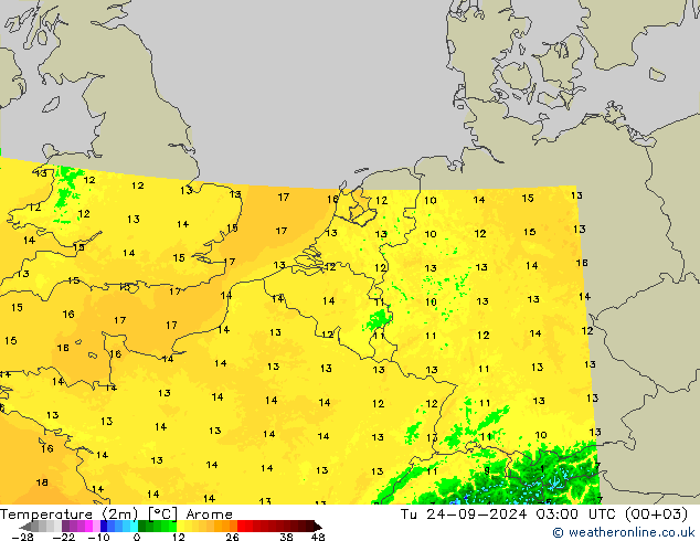 Temperatura (2m) Arome Ter 24.09.2024 03 UTC