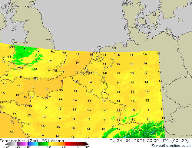 Temperature (2m) Arome Tu 24.09.2024 20 UTC