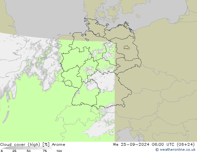 Cloud cover (high) Arome We 25.09.2024 06 UTC