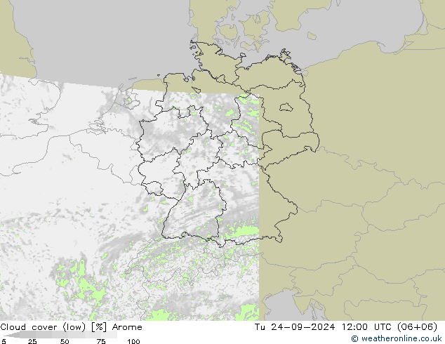 Cloud cover (low) Arome Tu 24.09.2024 12 UTC