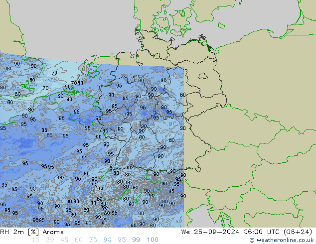 Humedad rel. 2m Arome mié 25.09.2024 06 UTC