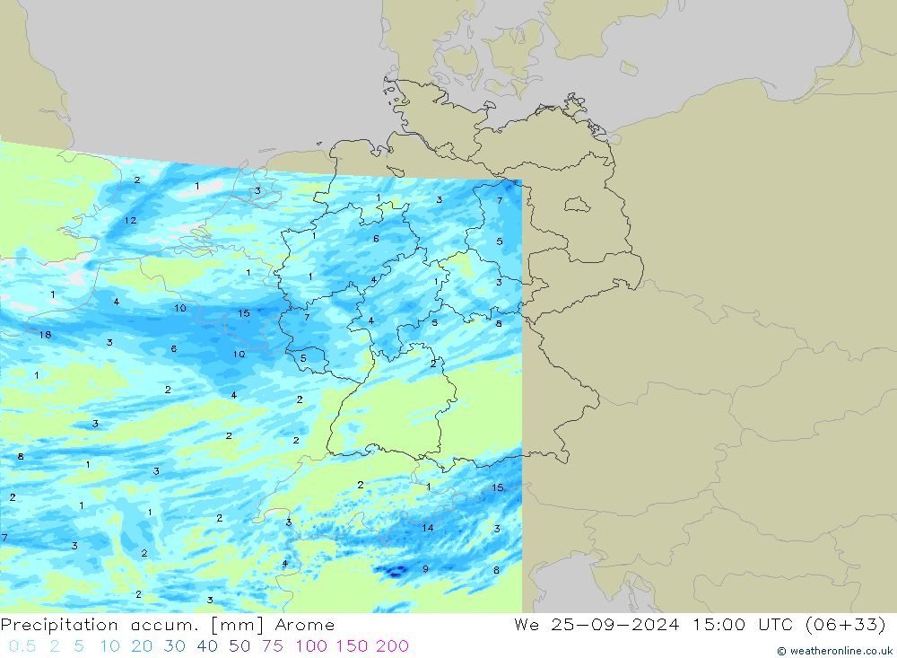 Totale neerslag Arome wo 25.09.2024 15 UTC