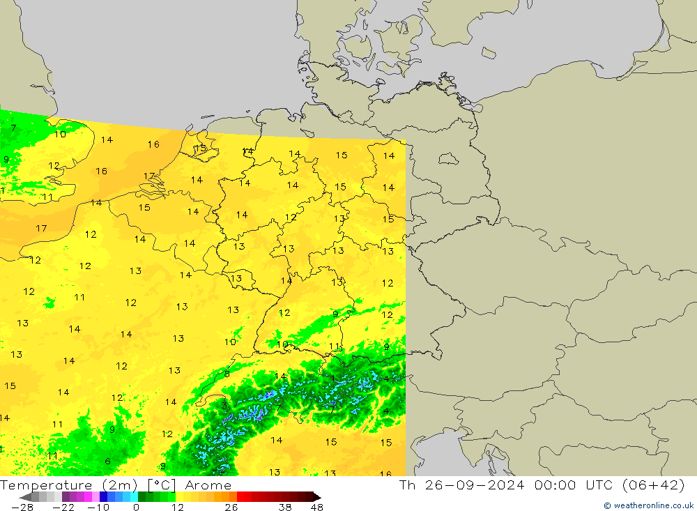 Temperatuurkaart (2m) Arome do 26.09.2024 00 UTC