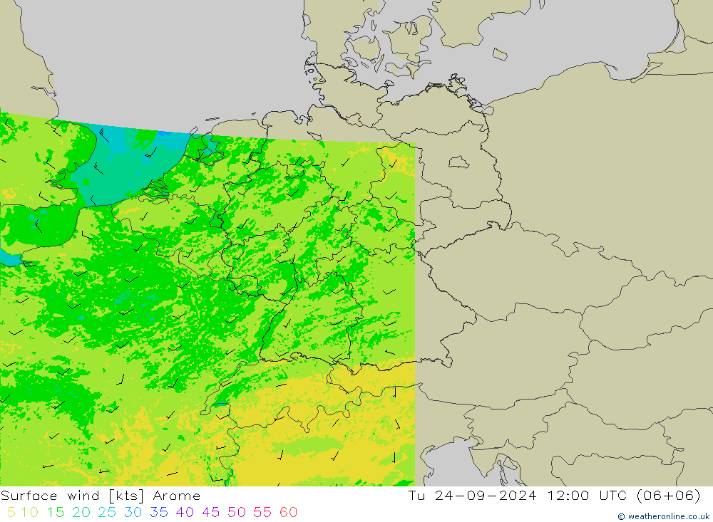 Surface wind Arome Út 24.09.2024 12 UTC