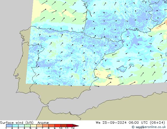 Bodenwind (bft) Arome Mi 25.09.2024 06 UTC