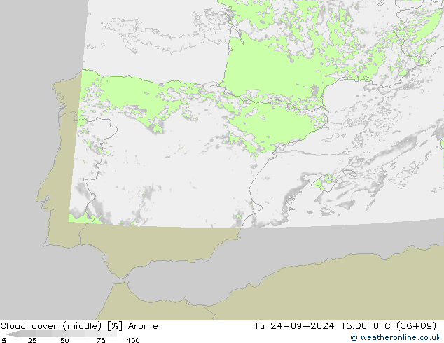 Cloud cover (middle) Arome Tu 24.09.2024 15 UTC