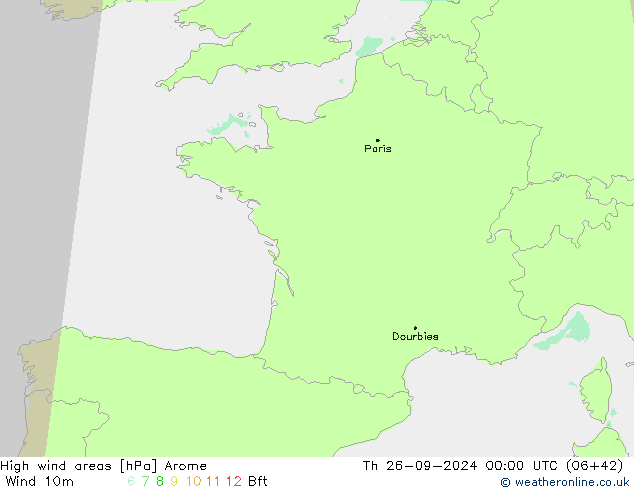 High wind areas Arome gio 26.09.2024 00 UTC