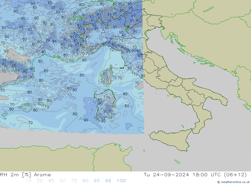 RH 2m Arome Út 24.09.2024 18 UTC