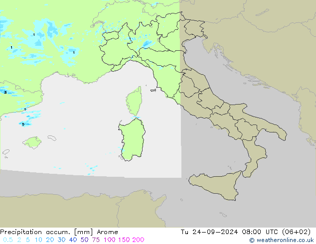 Precipitación acum. Arome mar 24.09.2024 08 UTC