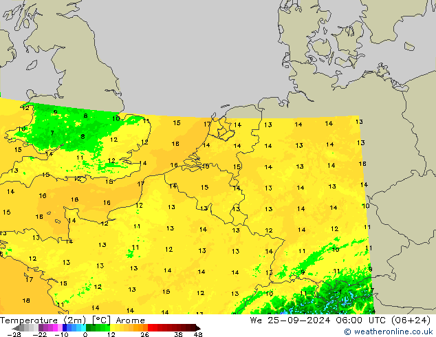 Temperaturkarte (2m) Arome Mi 25.09.2024 06 UTC